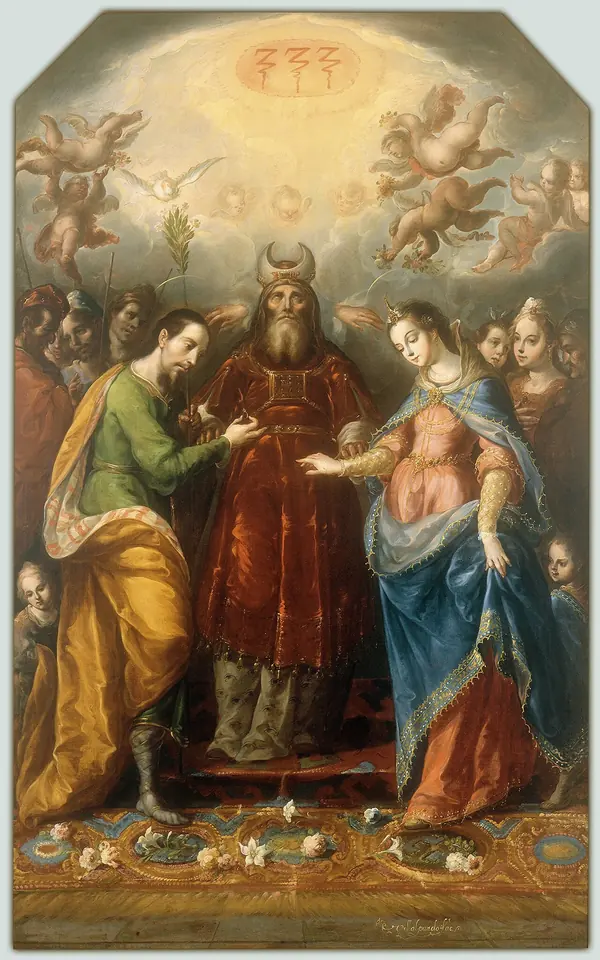 Pintura barroca novohispana de los desposorios de la Virgen con San José ante el sumo sacerdote, bajo una gloria de ángeles y la paloma del Espíritu Santo