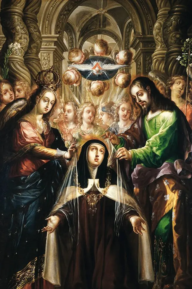 Pintura novohispana de Santa Teresa arrodillada con hábito carmelita, mientras la Virgen le pone un collar y San José le cubre con un manto blanco