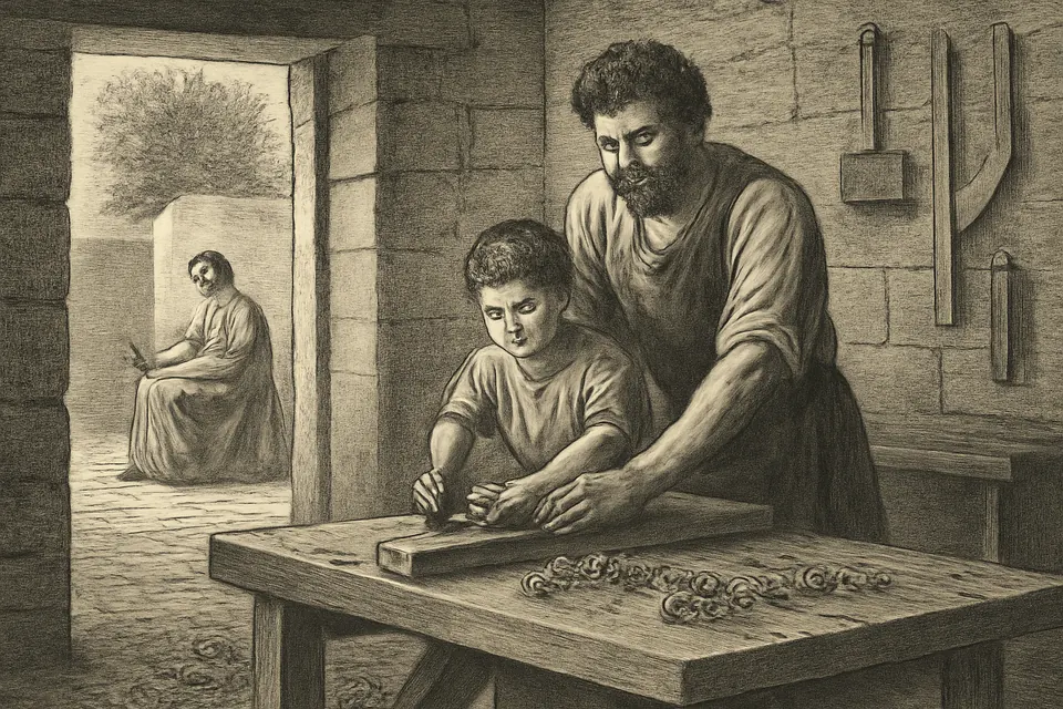 Ilustración en estilo grabado de San José que enseña al niño Jesús a cepillar una tabla en su taller de Nazaret, mientras María hila junto a la puerta