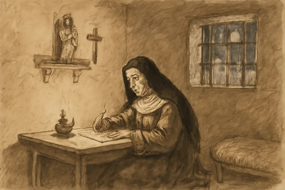 Ilustración en estilo tinta de Santa Teresa de Jesús, monja carmelita, que escribe de noche en su celda de Ávila ante una pequeña imagen de San José con el Niño