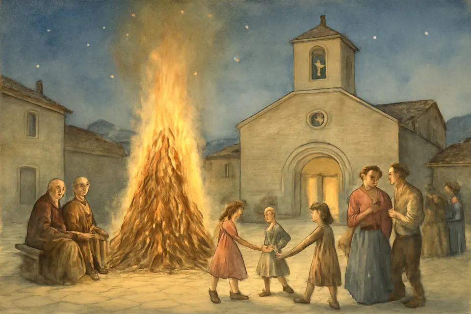 Ilustración en estilo acuarela de una hoguera de San Juan en la plaza de un pueblo, de noche, con familias alrededor y la iglesia al fondo