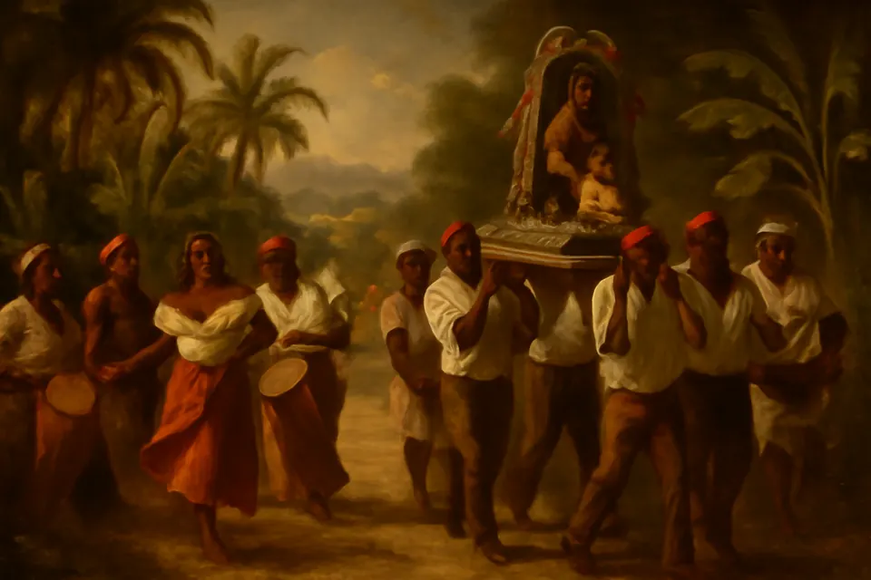 Ilustración en estilo óleo de una procesión de San Juan en un pueblo de la costa venezolana, con tambores y la imagen del santo llevada hacia el río
