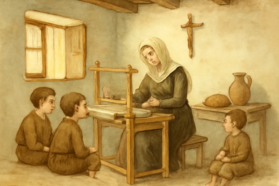 Ilustración en estilo acuarela de una madre viuda que teje en un telar en una casa pobre de Castilla mientras sus hijos pequeños la miran