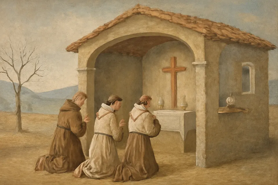 Ilustración en estilo fresco de los primeros frailes carmelitas descalzos rezando en el pórtico de una humilde alquería de Duruelo en 1568