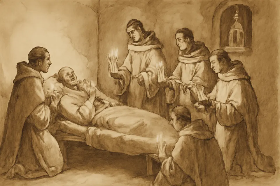 Ilustración en estilo tinta de San Juan de la Cruz en su lecho de muerte en Úbeda a medianoche, rodeado de frailes con velas, mientras suena la campana de maitines