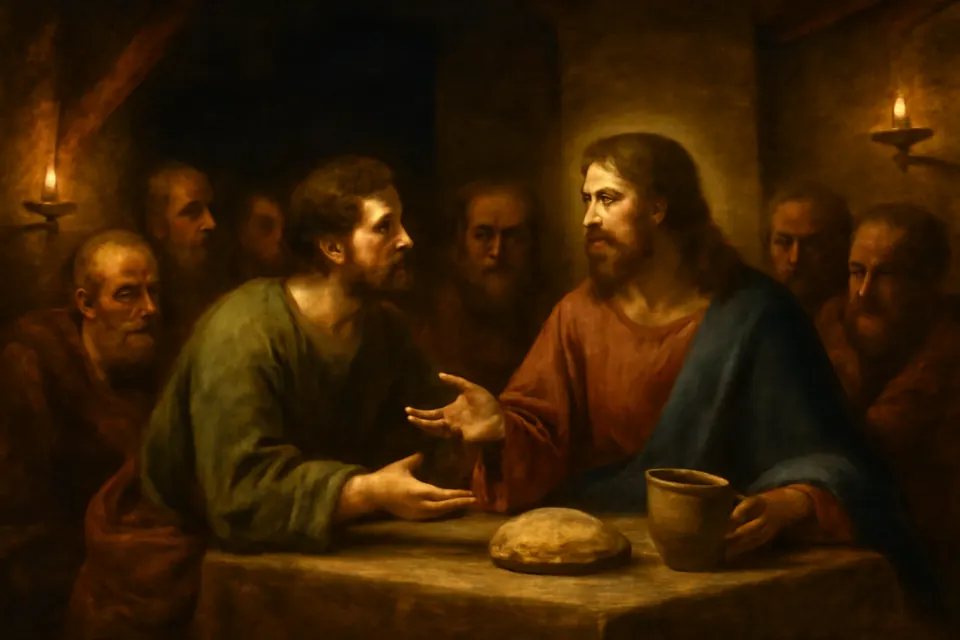 Ilustración al estilo de pintura al óleo del apóstol Judas Tadeo que se inclina hacia Jesús en la Última Cena para hacerle una pregunta