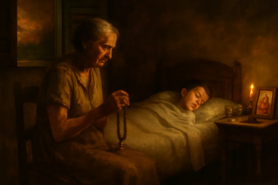 Ilustración en estilo óleo de una abuela que reza el rosario junto a la cama de su nieto enfermo, con una vela y una pequeña imagen de un santo obispo