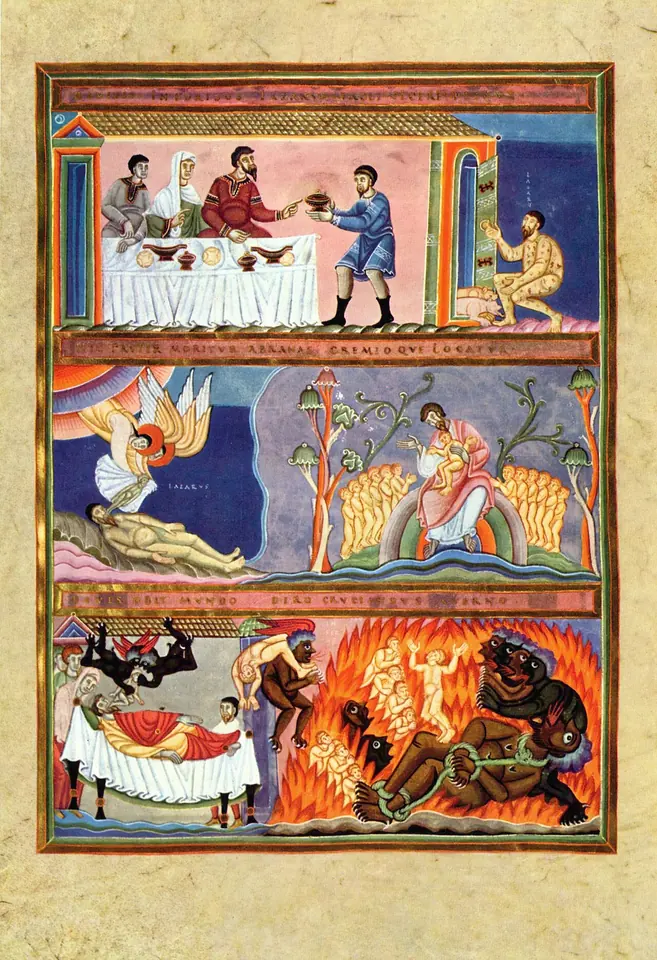 Página iluminada medieval en tres franjas. Arriba el rico en su banquete y Lázaro a la puerta con los perros, en medio los ángeles que llevan el alma de Lázaro al seno de Abraham, abajo el rico entre las llamas