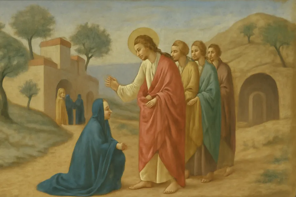 Ilustración en estilo fresco de Marta que sale al camino de Betania al encuentro de Jesús, arrodillada ante él, con María y los discípulos detrás