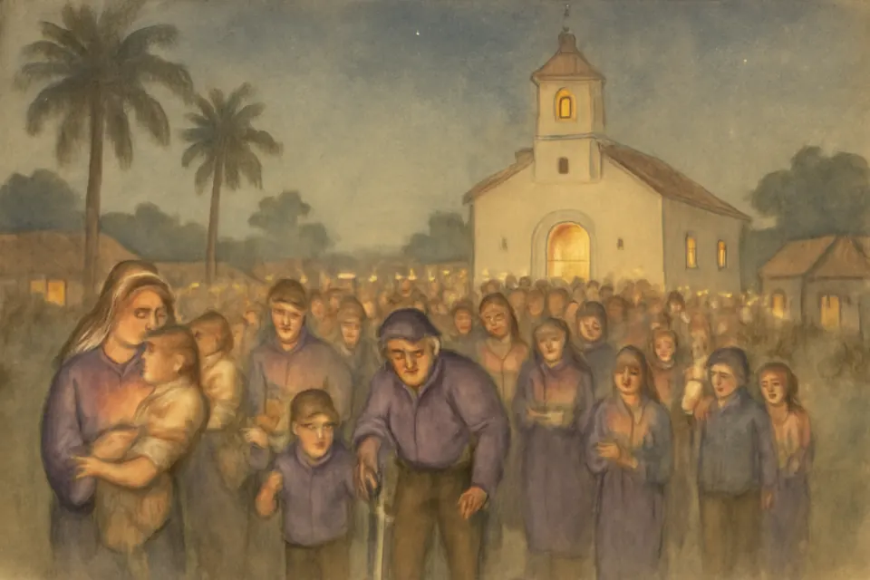 Ilustración en estilo acuarela de peregrinos cubanos que caminan de noche hacia el santuario de San Lázaro en El Rincón, con velas y flores