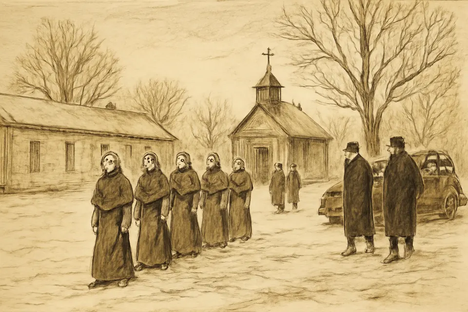 Ilustración en estilo tinta de cinco frailes franciscanos que caminan en fila por la nieve del convento de Niepokalanów, escoltados por dos hombres con abrigos largos, en febrero de 1941