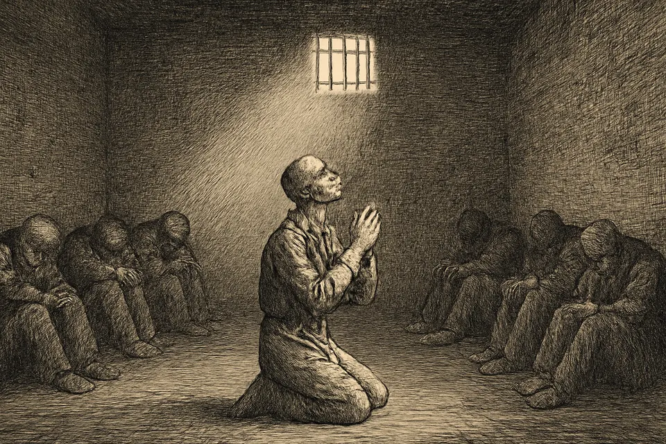 Ilustración en estilo grabado de varios presos sentados en el suelo de una celda oscura, con la cabeza inclinada, mientras uno de ellos, de anteojos redondos, reza arrodillado con las manos juntas