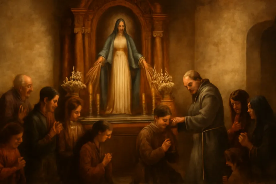 Ilustración en estilo óleo de un grupo de fieles de varias edades arrodillados ante una imagen de la Inmaculada en una parroquia latinoamericana, mientras un fraile franciscano les entrega medallas
