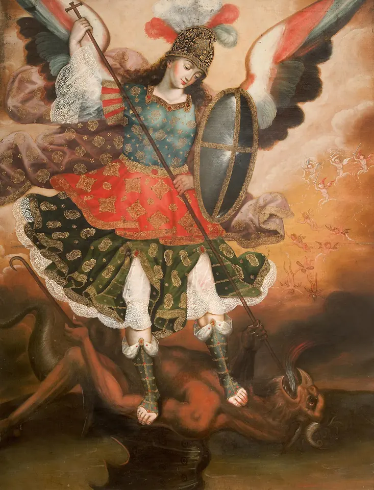 Pintura cuzqueña de San Miguel con casco de plumas, coraza ricamente bordada y falda con flores, que clava una lanza en un demonio rojo bajo sus pies
