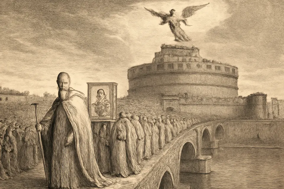 Ilustración en estilo grabado del papa Gregorio Magno y su procesión en un puente de Roma, mientras un ángel envaina la espada sobre la fortaleza redonda