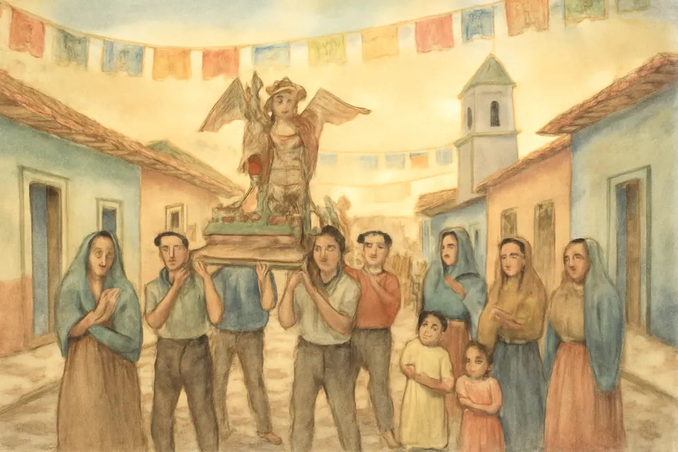 Ilustración en acuarela de una procesión de pueblo latinoamericano que lleva en andas una imagen de San Miguel bajo papel picado el 29 de septiembre