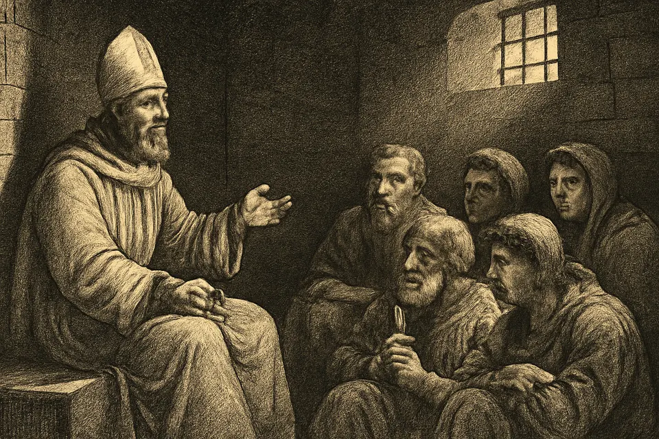 Ilustración en estilo grabado del obispo Nicolás encadenado en una cárcel romana, alentando a otros cristianos presos
