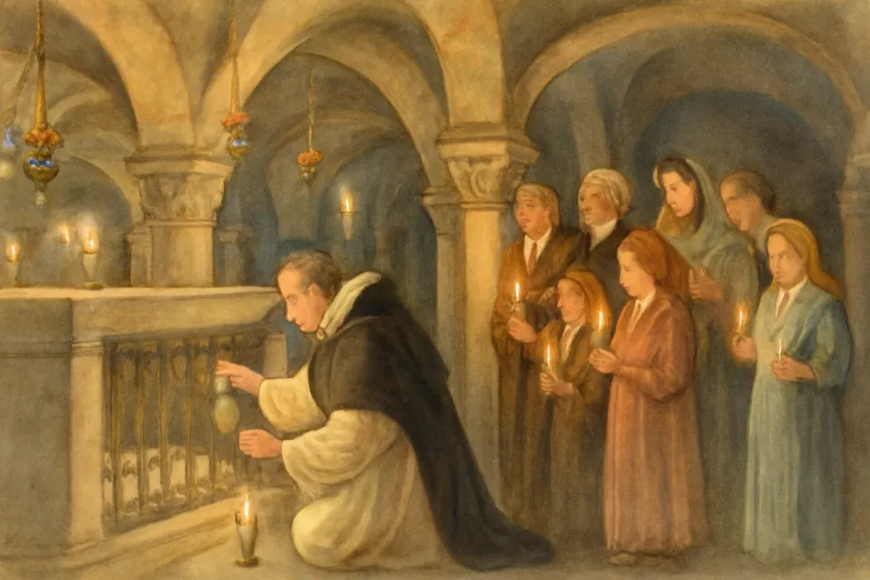 Ilustración en estilo acuarela de un fraile dominico que saca el líquido llamado maná de San Nicolás de la tumba del santo en la cripta de Bari, ante peregrinos con velas
