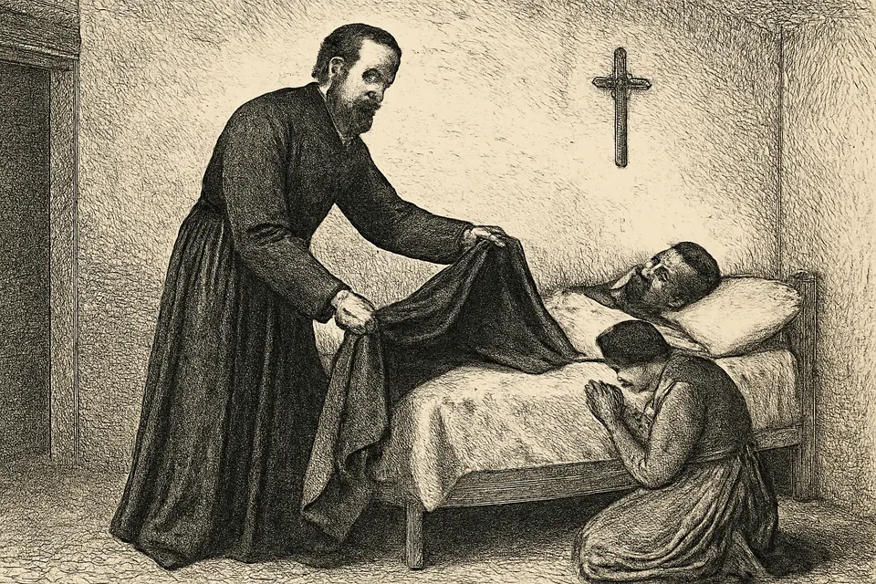 Ilustración en estilo grabado de San Pedro Claver extendiendo su capa negra sobre una mujer enferma acostada, mientras otras personas observan con respeto