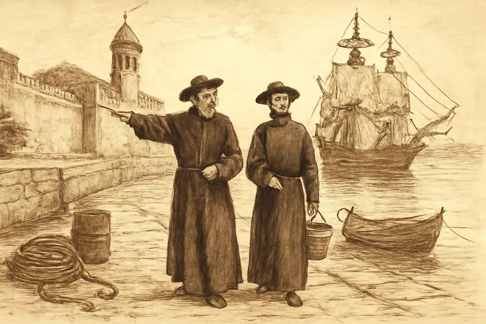 Ilustración en estilo tinta de dos jesuitas, uno mayor y otro joven, caminando por el muelle de Cartagena hacia un barco anclado en la bahía