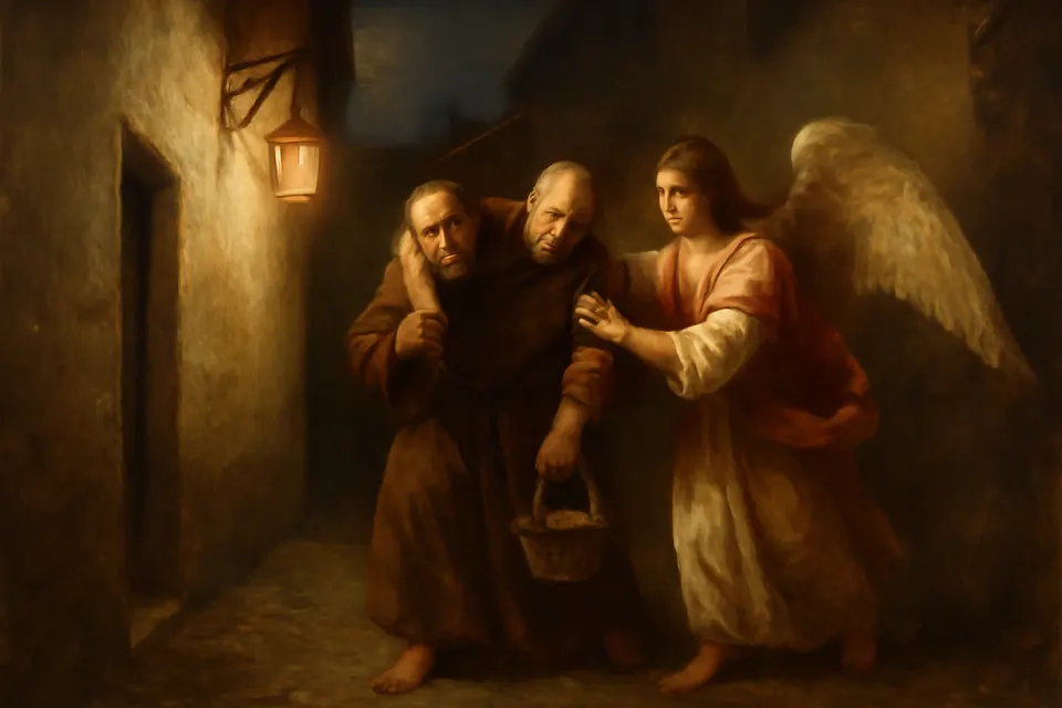 Ilustración en estilo óleo de San Juan de Dios que carga a un enfermo por una calle de Granada al anochecer, ayudado por un joven ángel con alas que sostiene al hombre por el otro lado