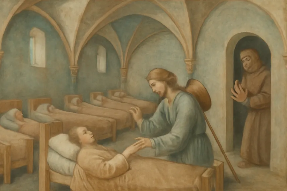 Ilustración en estilo fresco de un joven peregrino que se inclina sobre un enfermo de peste en un hospital medieval abovedado y traza sobre él la señal de la cruz