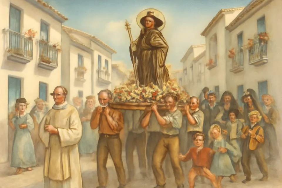 Ilustración en estilo acuarela de una procesión de verano en un pueblo de España, con la imagen de San Roque y su perro llevada en andas entre casas blancas