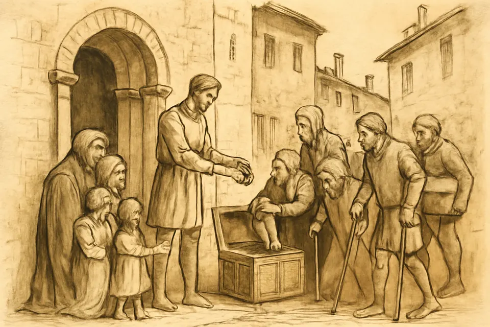 Ilustración en estilo tinta de un joven noble que reparte monedas y ropa a viudas, huérfanos y pobres a la puerta de una casa señorial medieval