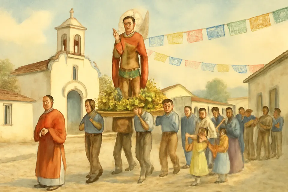 Ilustración en estilo acuarela de una procesión de San Sebastián en un pueblo latinoamericano, con vecinos que cargan en andas la imagen del santo frente a una iglesia blanca