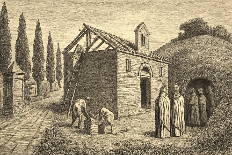 Ilustración en estilo grabado de obreros romanos del siglo IV que levantan una basílica junto a la Vía Flaminia, sobre la tumba del mártir Valentín