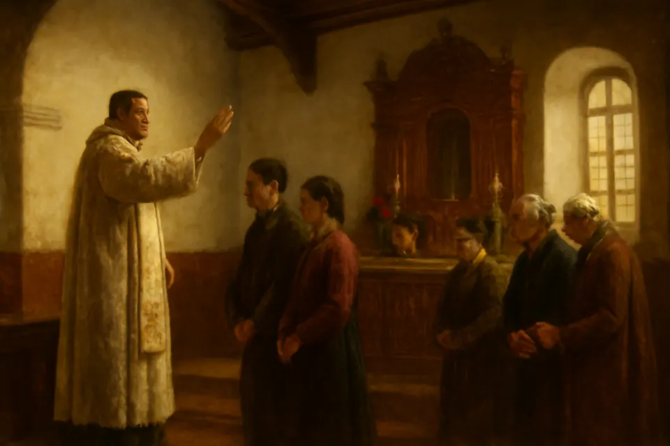 Ilustración en estilo óleo de un sacerdote que bendice a varias parejas de novios y esposos en una parroquia latinoamericana el 14 de febrero