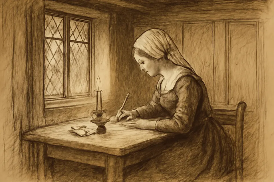 Ilustración en estilo tinta de una joven inglesa del siglo XV que escribe una carta a la luz de una vela junto a una ventana en invierno