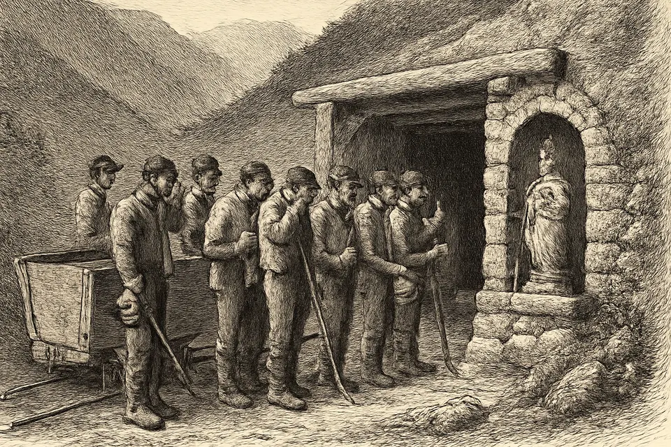Ilustración en estilo grabado de unos mineros con lámparas que se detienen ante una hornacina con una imagen de Santa Bárbara a la entrada de una mina