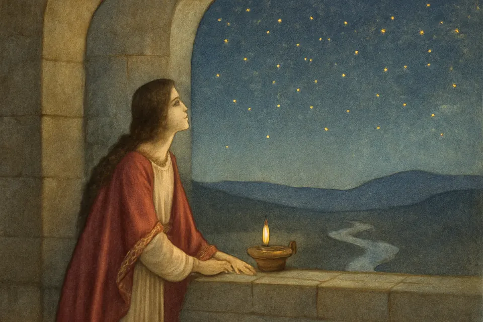 Ilustración en estilo acuarela de la joven Bárbara asomada a la ventana de su torre, contemplando las estrellas sobre las colinas