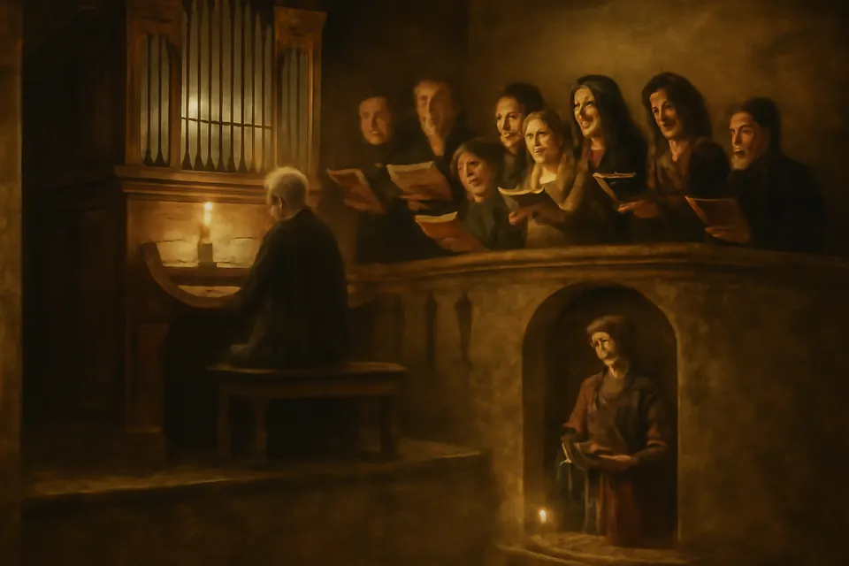 Ilustración en estilo óleo de un coro parroquial cantando junto al órgano de una iglesia antigua, con una imagen de Santa Cecilia en un altar lateral