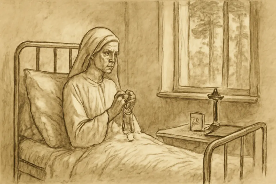 Ilustración en estilo tinta de una religiosa enferma que reza con un rosario recostada en una cama de hospital, junto a una ventana abierta a unos pinos