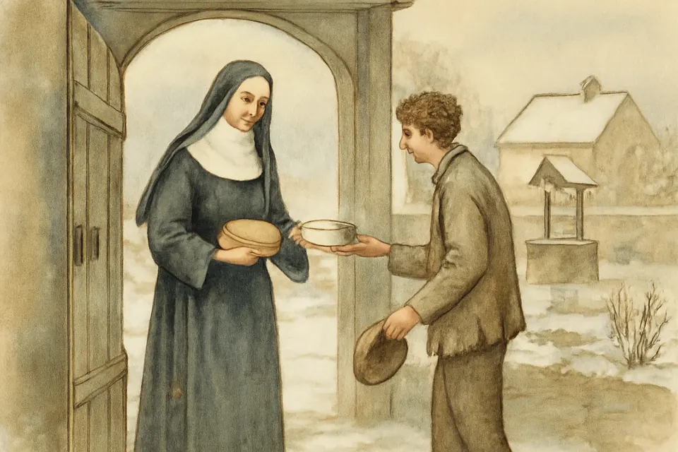 Ilustración en estilo acuarela de una joven religiosa con hábito negro y toca blanca que entrega pan a un muchacho pobre en la puerta de un convento, en invierno