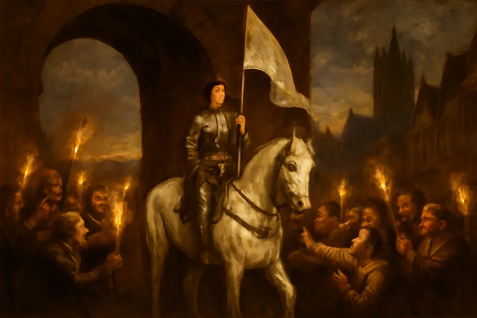 Ilustración al estilo de pintura al óleo de Juana de Arco con armadura, montada en un caballo blanco, que entra de noche en Orleans entre una multitud con antorchas