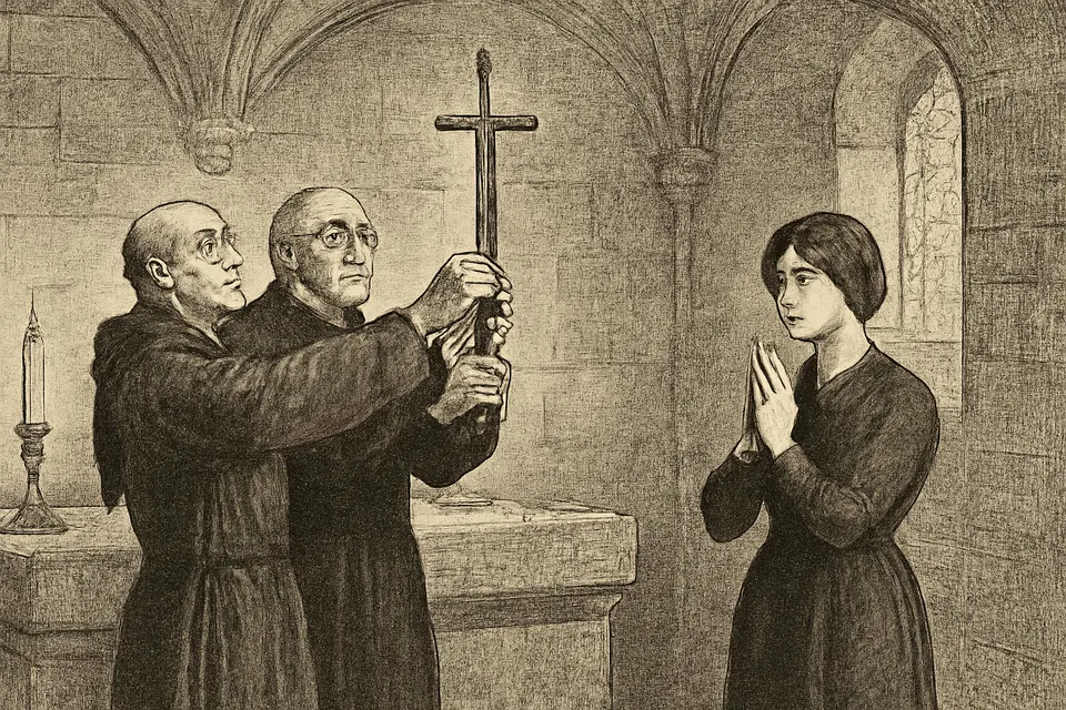 Ilustración al estilo de grabado antiguo de dos clérigos que desentierran una vieja espada detrás del altar de la capilla de Santa Catalina de Fierbois mientras Juana reza