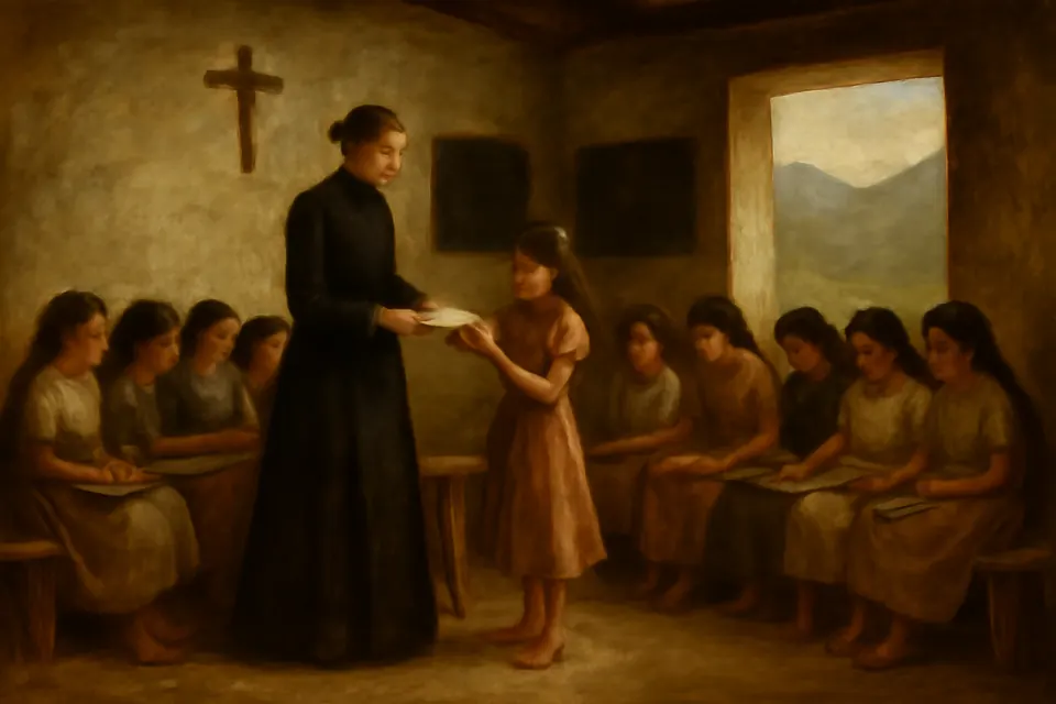 Ilustración en estilo óleo de una joven maestra que enseña a leer a niñas campesinas en una escuela rural de Antioquia, a fines del siglo XIX