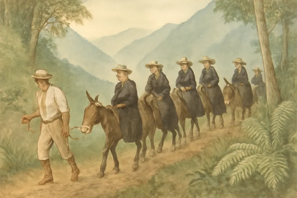 Ilustración en estilo acuarela de seis mujeres que cabalgan en mulas por un camino de montaña hacia la selva, en 1914, con un arriero que las guía