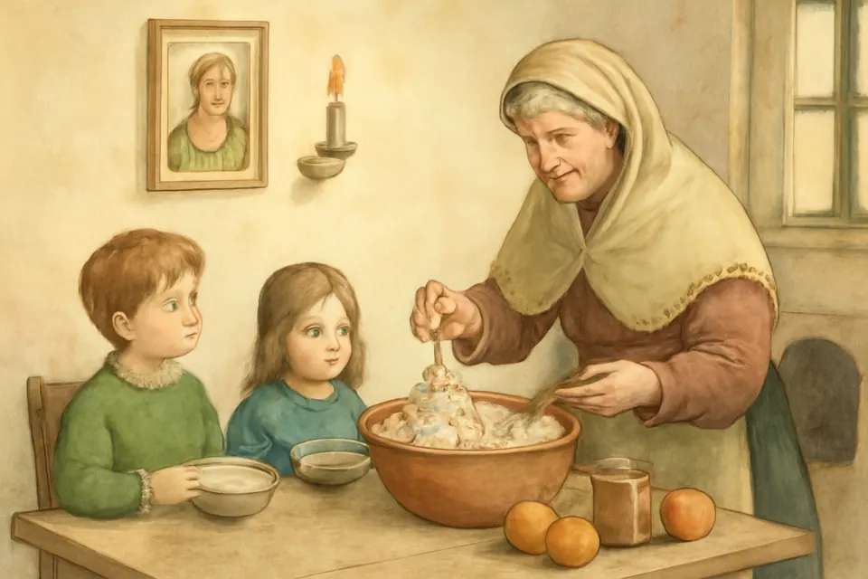 Ilustración en estilo acuarela de una familia siciliana que comparte cuccía, trigo cocido con ricota, en la cocina el día de Santa Lucía
