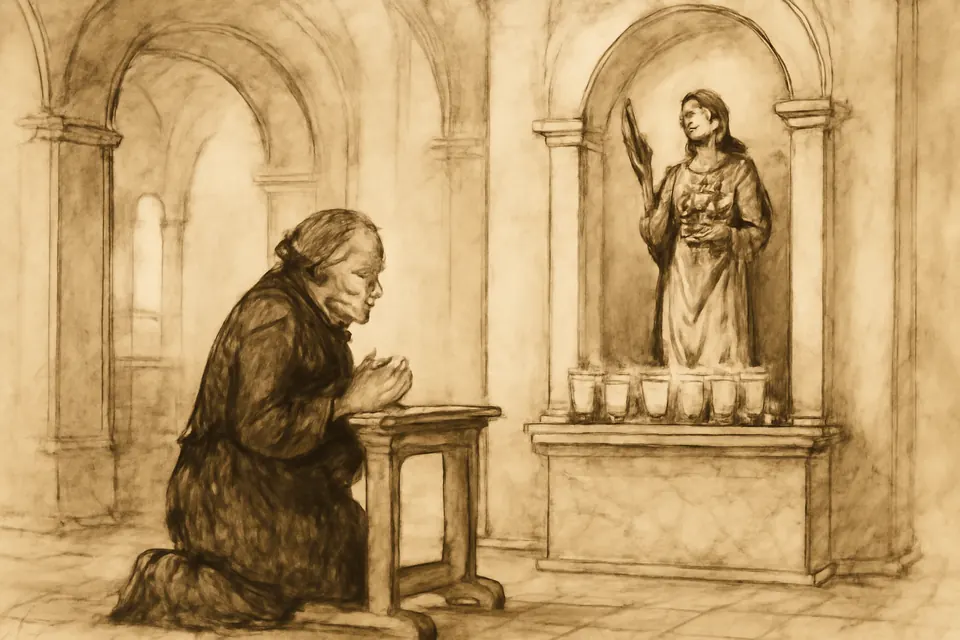 Ilustración en estilo tinta de una anciana con anteojos que reza con velas encendidas ante una imagen de Santa Lucía en una iglesia parroquial