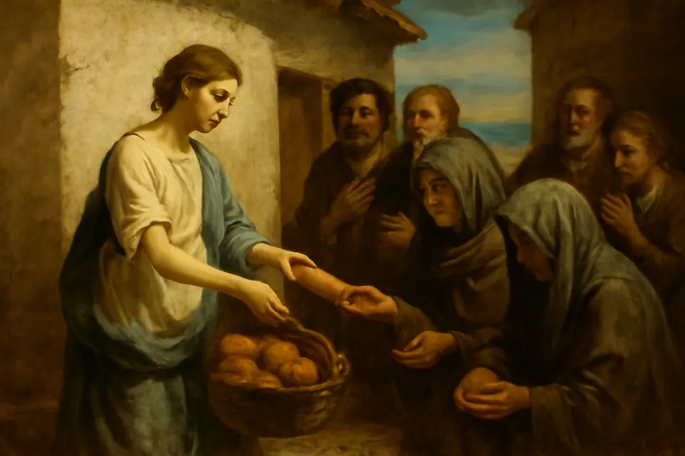 Ilustración en estilo óleo de Lucía y su madre repartiendo pan y monedas a viudas y huérfanos en una calle de la antigua Siracusa