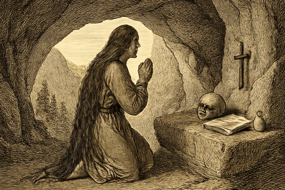 Ilustración en estilo grabado de María Magdalena ermitaña, cubierta por su largo cabello, que reza ante una cruz sencilla en una gruta de montaña, con una calavera y un libro sobre la roca