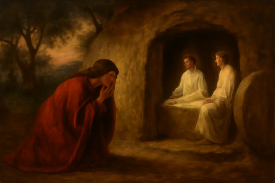 Ilustración en estilo óleo de María Magdalena que llora de rodillas a la entrada del sepulcro vacío, al amanecer, mientras dos ángeles vestidos de blanco la miran desde dentro