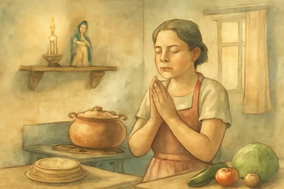 Ilustración en acuarela de una mujer latinoamericana que se detiene a rezar en su cocina con las manos juntas, junto a la estufa, con una pequeña imagen de una santa con cucharón en un estante