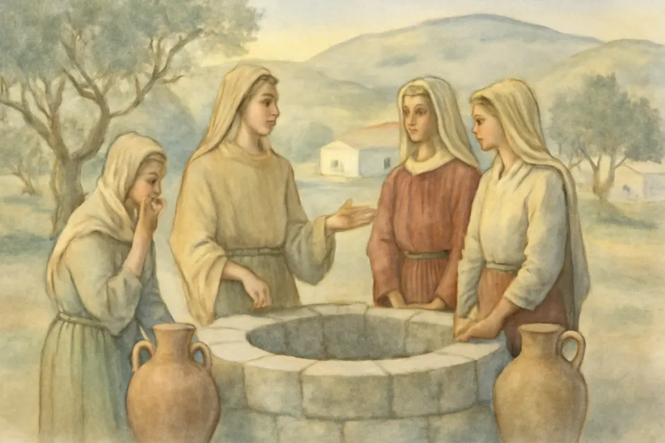 Ilustración en estilo acuarela de Mónica que conversa junto a un pozo con otras mujeres de Tagaste, algunas con moretones en la cara, que la escuchan con atención