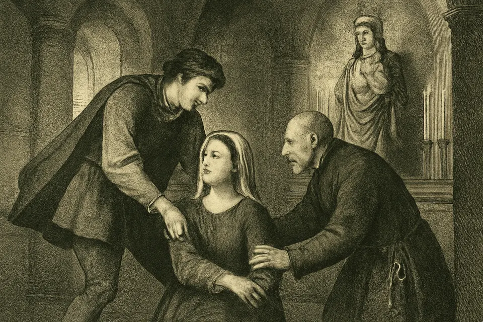 Ilustración en estilo grabado de la joven Rosa arrodillada sin poder levantarse ante la imagen de la Virgen del Rosario, mientras su hermano intenta alzarla