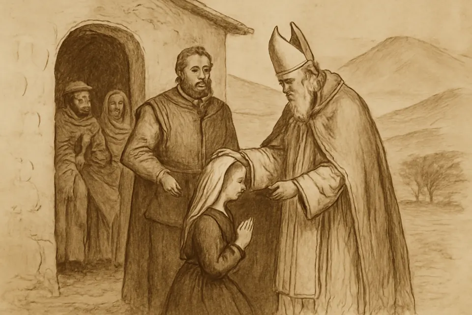 Ilustración en estilo tinta del arzobispo Toribio de Mogrovejo confirmando a una niña de once años en una capilla de adobe de Quives, en los Andes